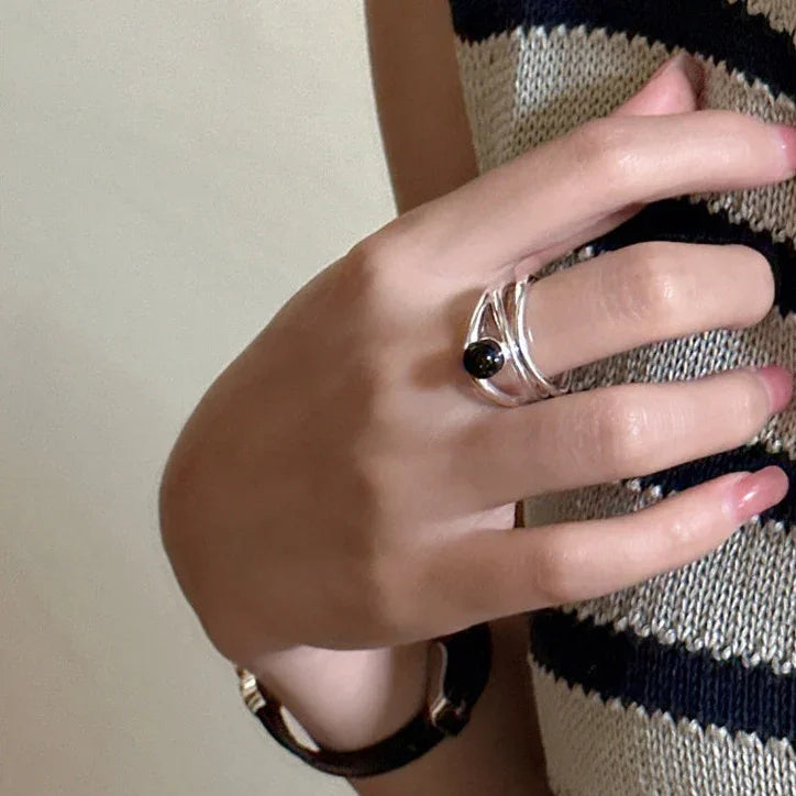 Arden - Black Onyx Multi-Line Sterling Silver Ring