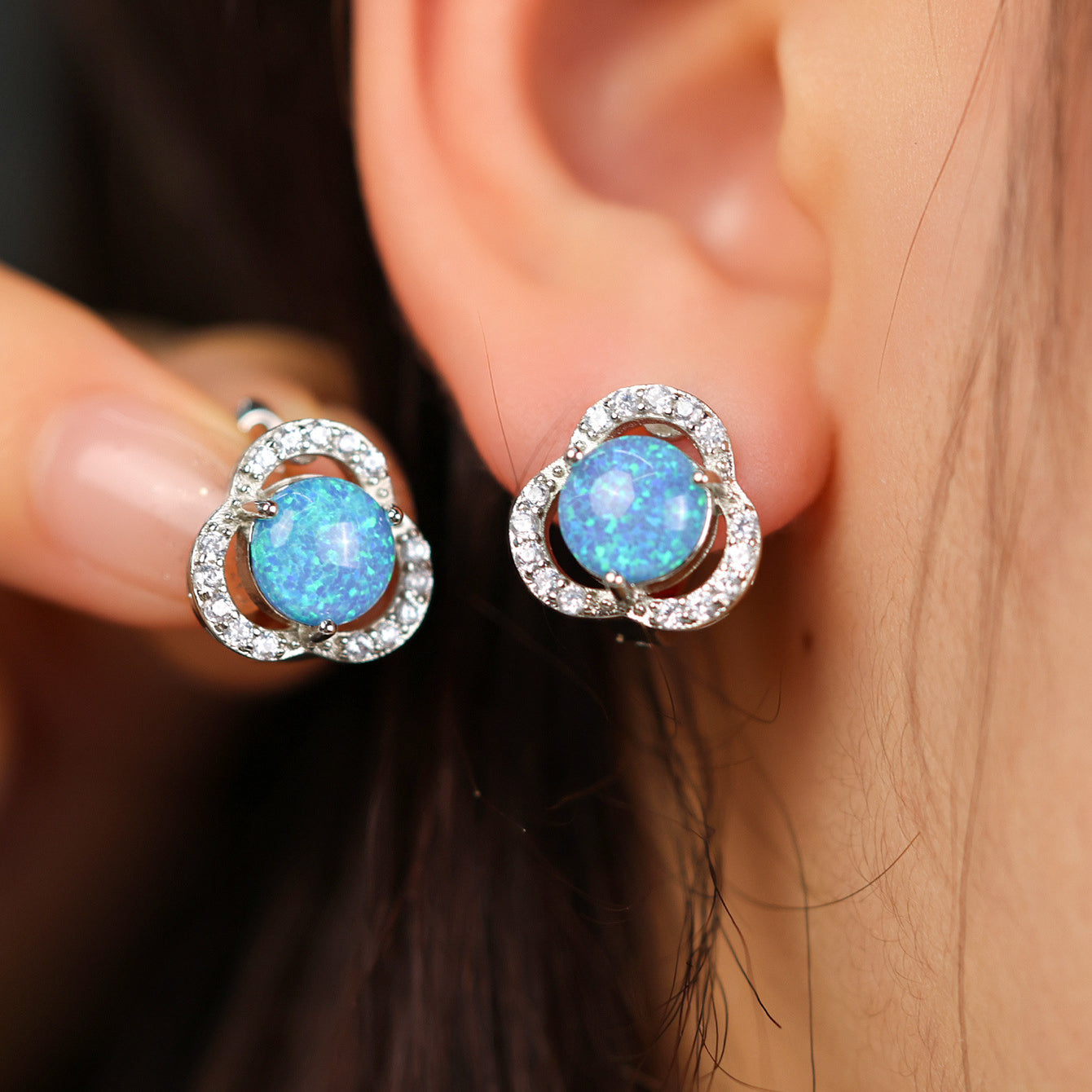 Elara - White Opal & Zirconia Clover Earrings for Women
