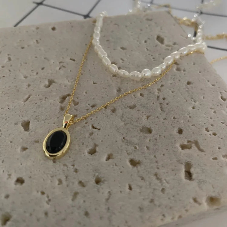 Aria - Black Onyx and Pearl Stacking Necklace for Women