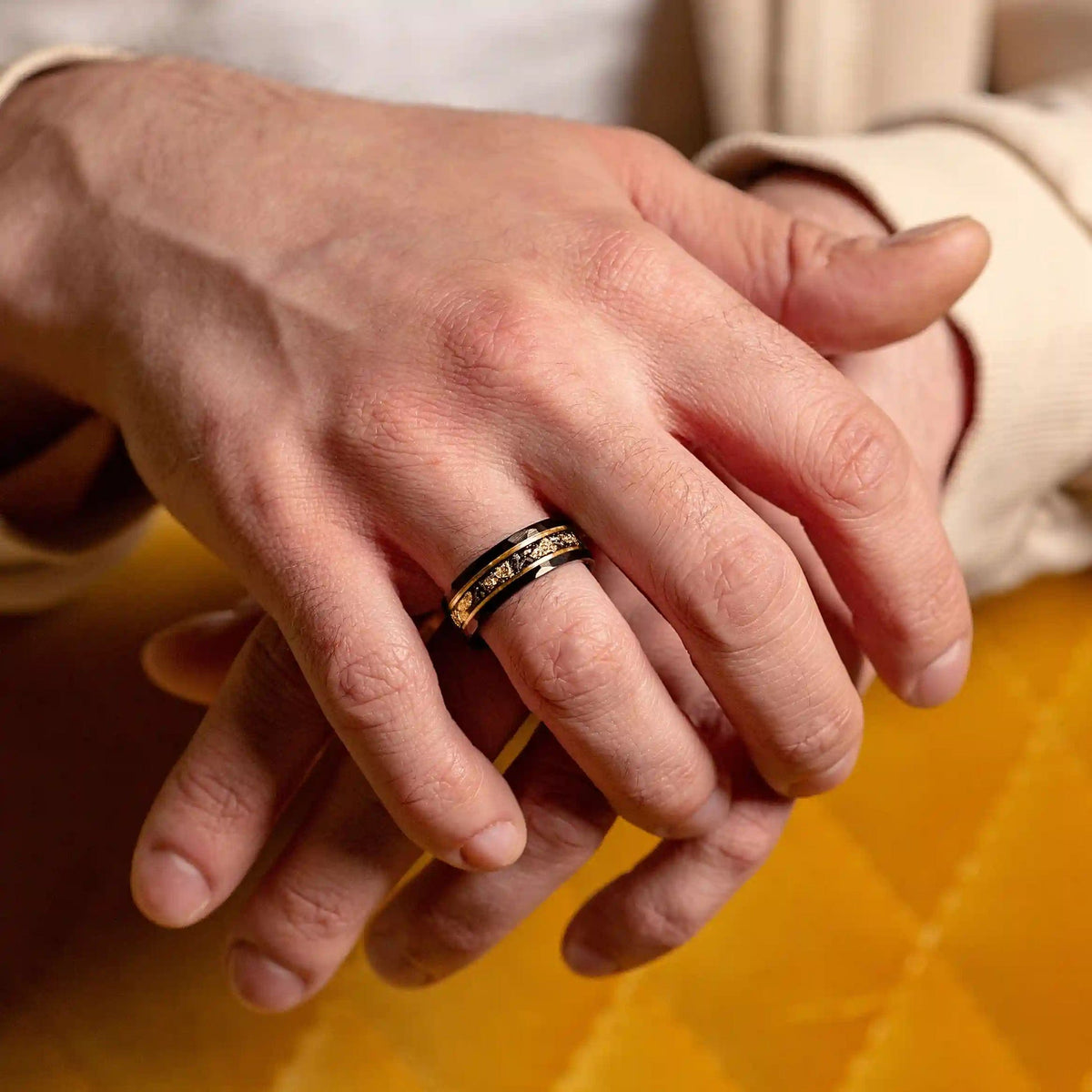 Orion Ring - Black Meteorite Tungsten Band with Gold Leaf Detail