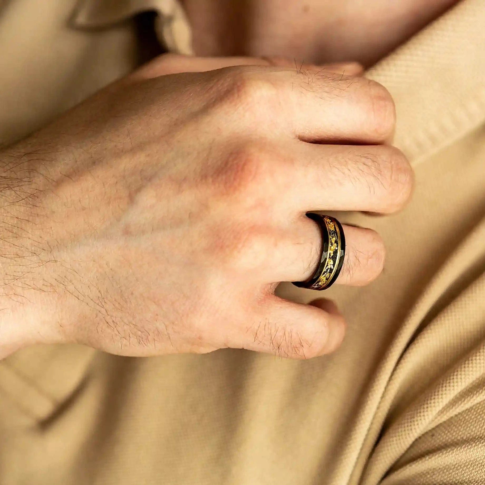 Orion - Black Meteorite Ring with Gold Leaf Detail for Men