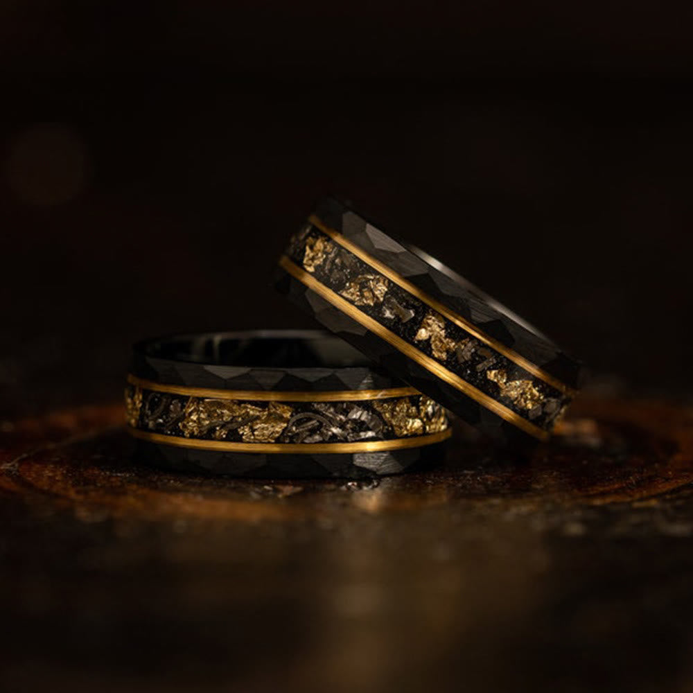 Orion Ring - Black Meteorite Tungsten Band with Gold Leaf Detail