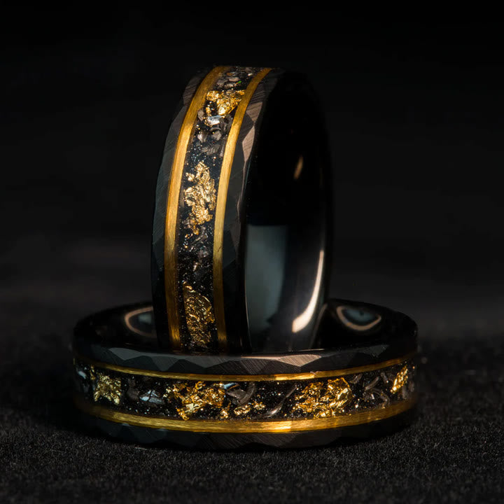 Orion Ring - Black Meteorite Tungsten Band with Gold Leaf Detail