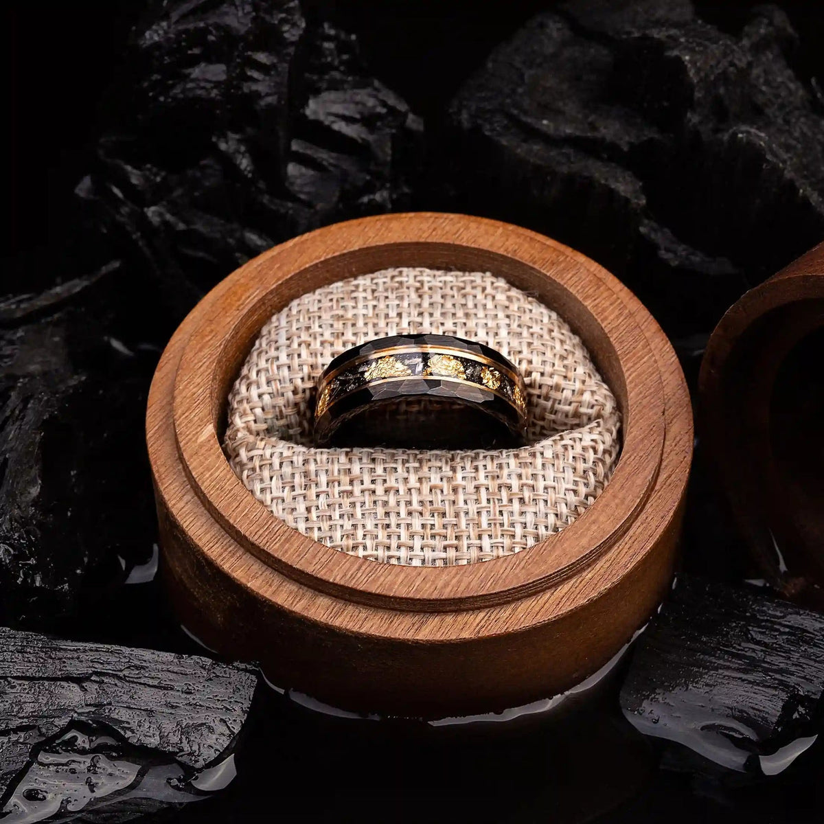 Orion Ring - Black Meteorite Tungsten Band with Gold Leaf Detail
