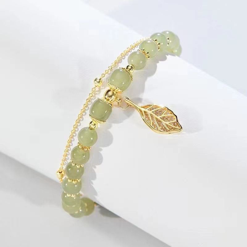 Jade Leaf Bracelet - Adjustable 18K Gold-Plated Leaf Charm Bracelet