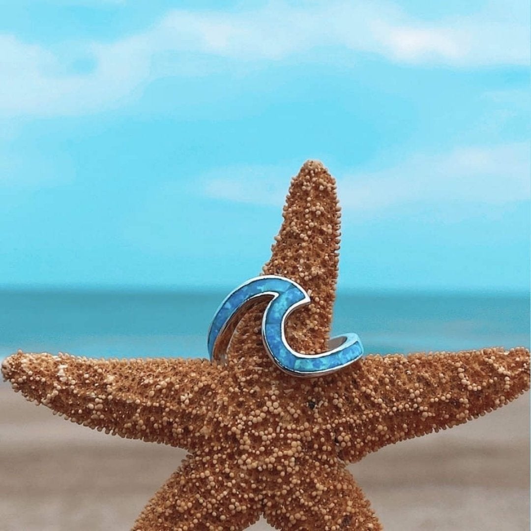 Ondina Silver Sea Wave Ring - Blue Opal Ocean Statement Ring