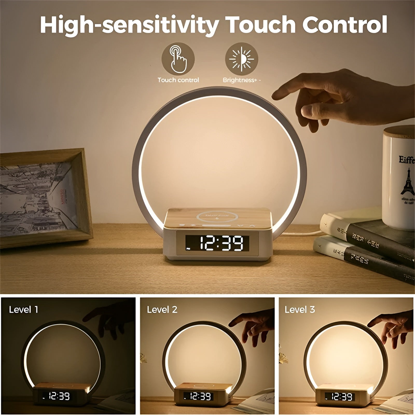 Modern Table Lamp - Wireless Charger & Clock