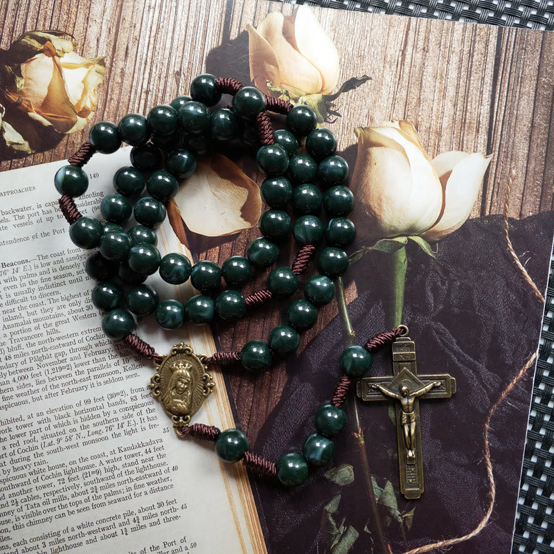Celeste - Moss Agate Cross Rosary Necklace for Women