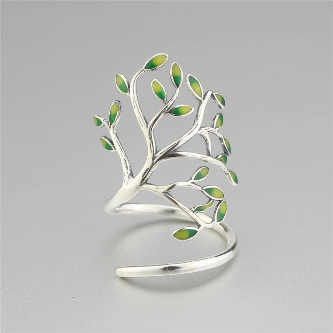 SilverLeaf Ring - Elegant Adjustable Silver Ring with Green Leaf Details