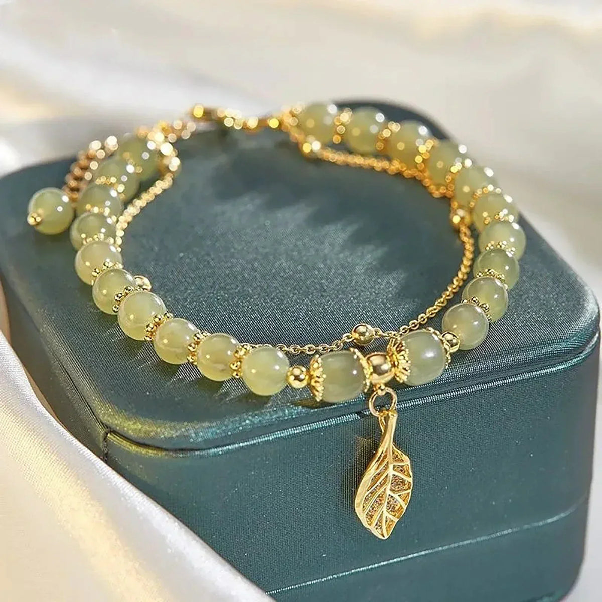 Jade Leaf Bracelet - Adjustable 18K Gold-Plated Leaf Charm Bracelet