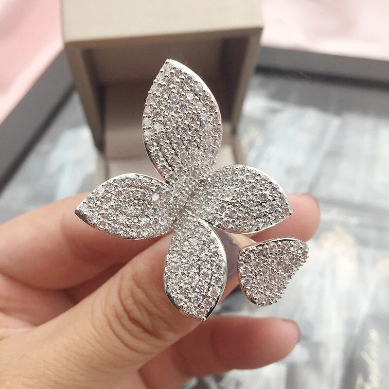 Silver Flower Petal Ring - Bold Adjustable Statement Ring with Zirconia