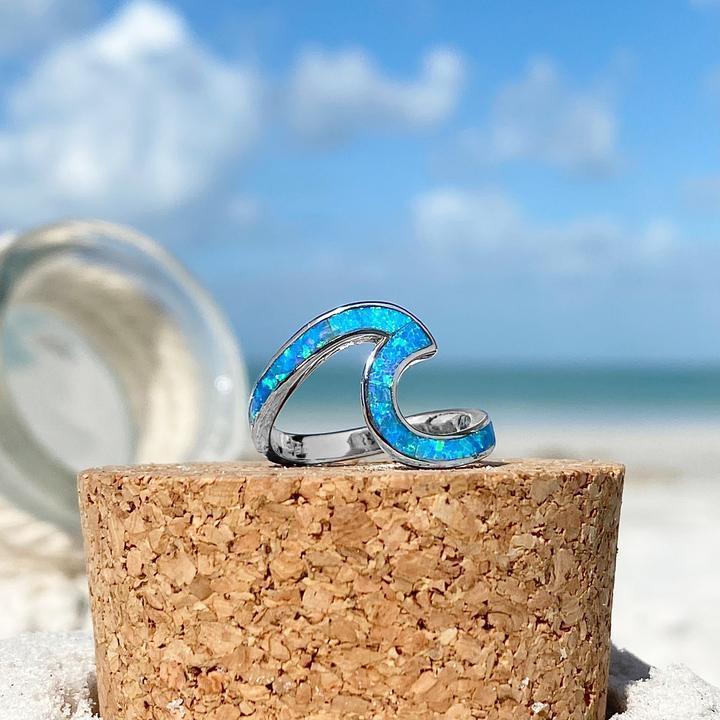 Ocean Waves Opal and Silver Ring - Elegant Sea-Inspired Design