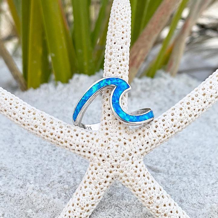 Ocean Waves Opal and Silver Ring - Elegant Sea-Inspired Design