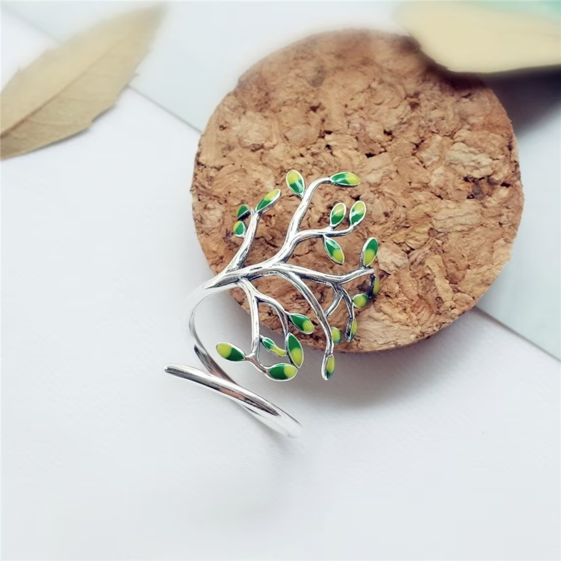 SilverLeaf Ring - Elegant Adjustable Silver Ring with Green Leaf Details