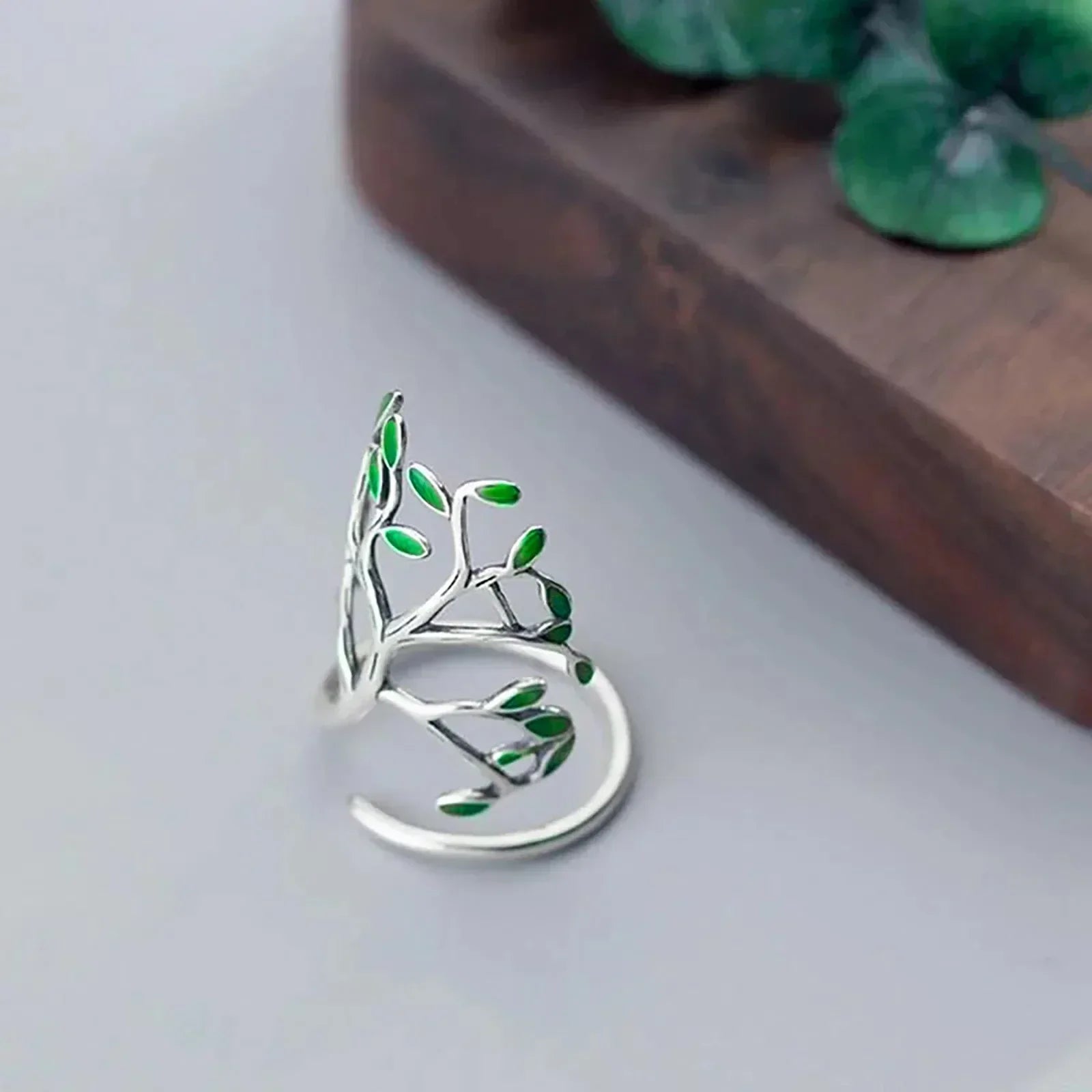 SilverLeaf Ring - Elegant Adjustable Silver Ring with Green Leaf Details