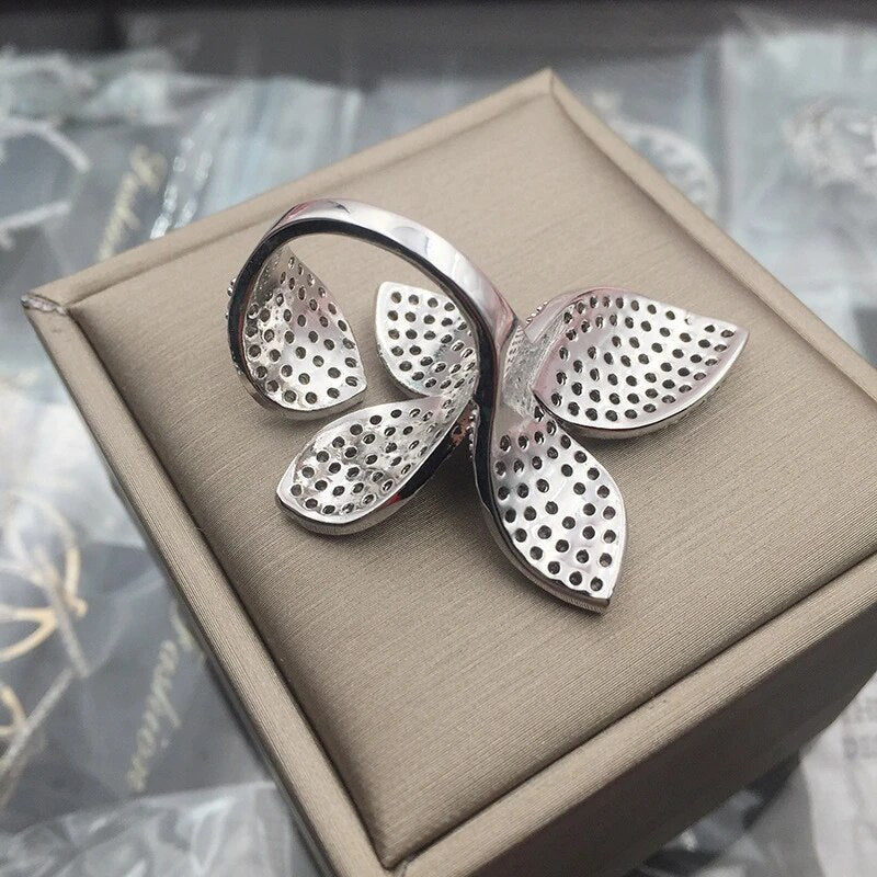 Silver Flower Petal Ring - Bold Adjustable Statement Ring with Zirconia