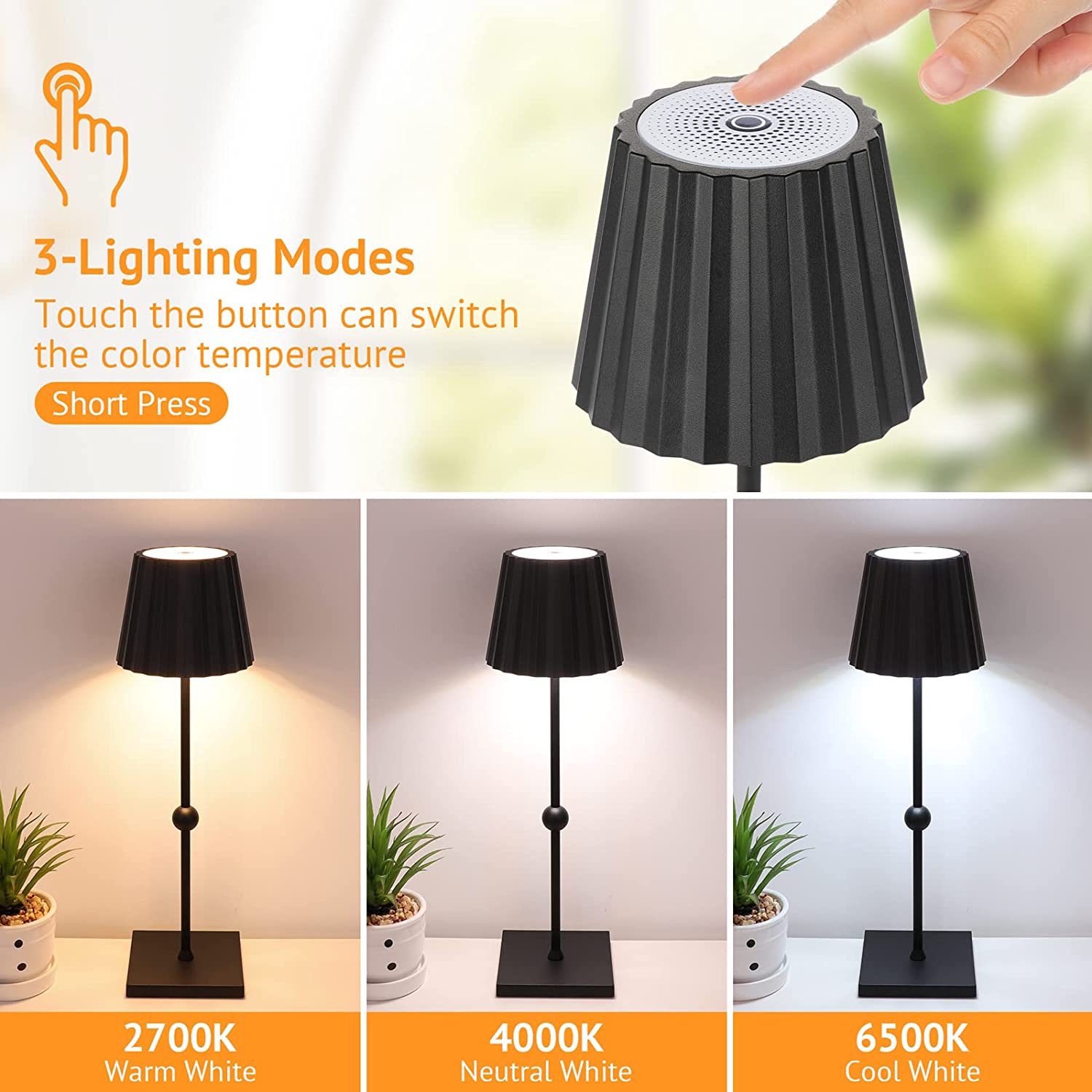 Elegant Cordless Table Lamp - Stepless Dimming