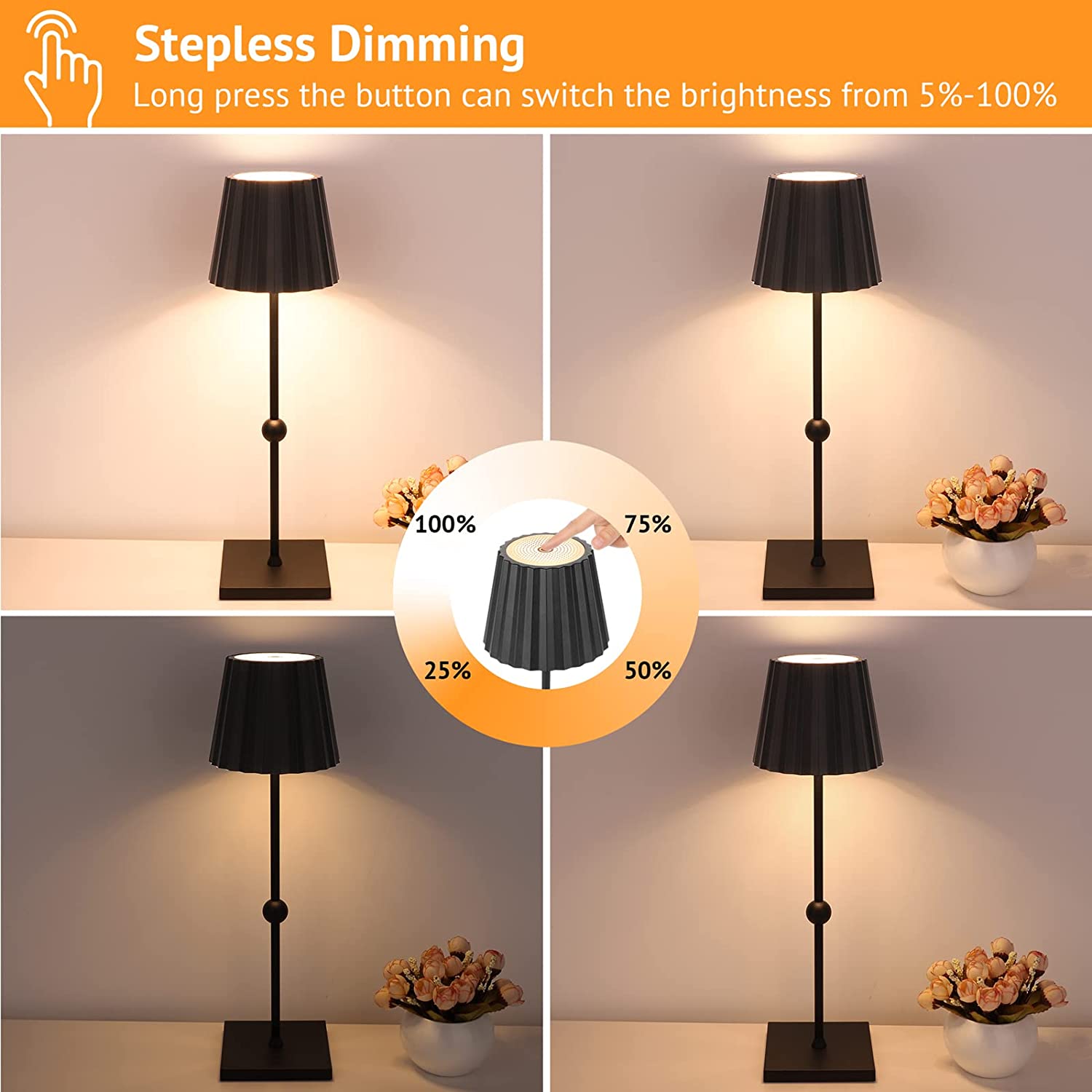 Elegant Cordless Table Lamp - Stepless Dimming