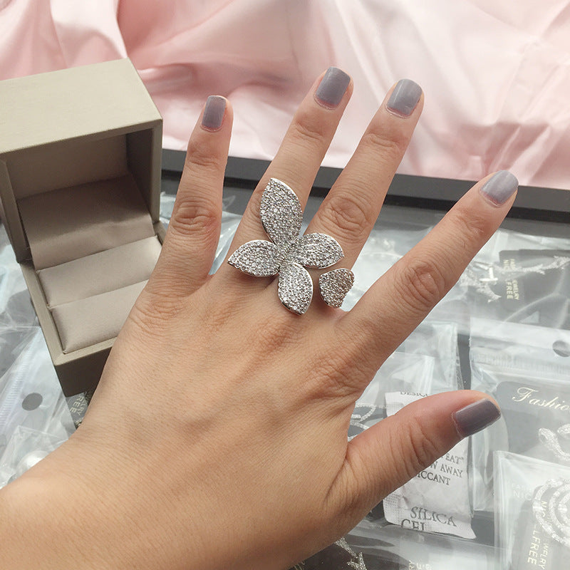Silver Flower Petal Ring - Bold Adjustable Statement Ring with Zirconia