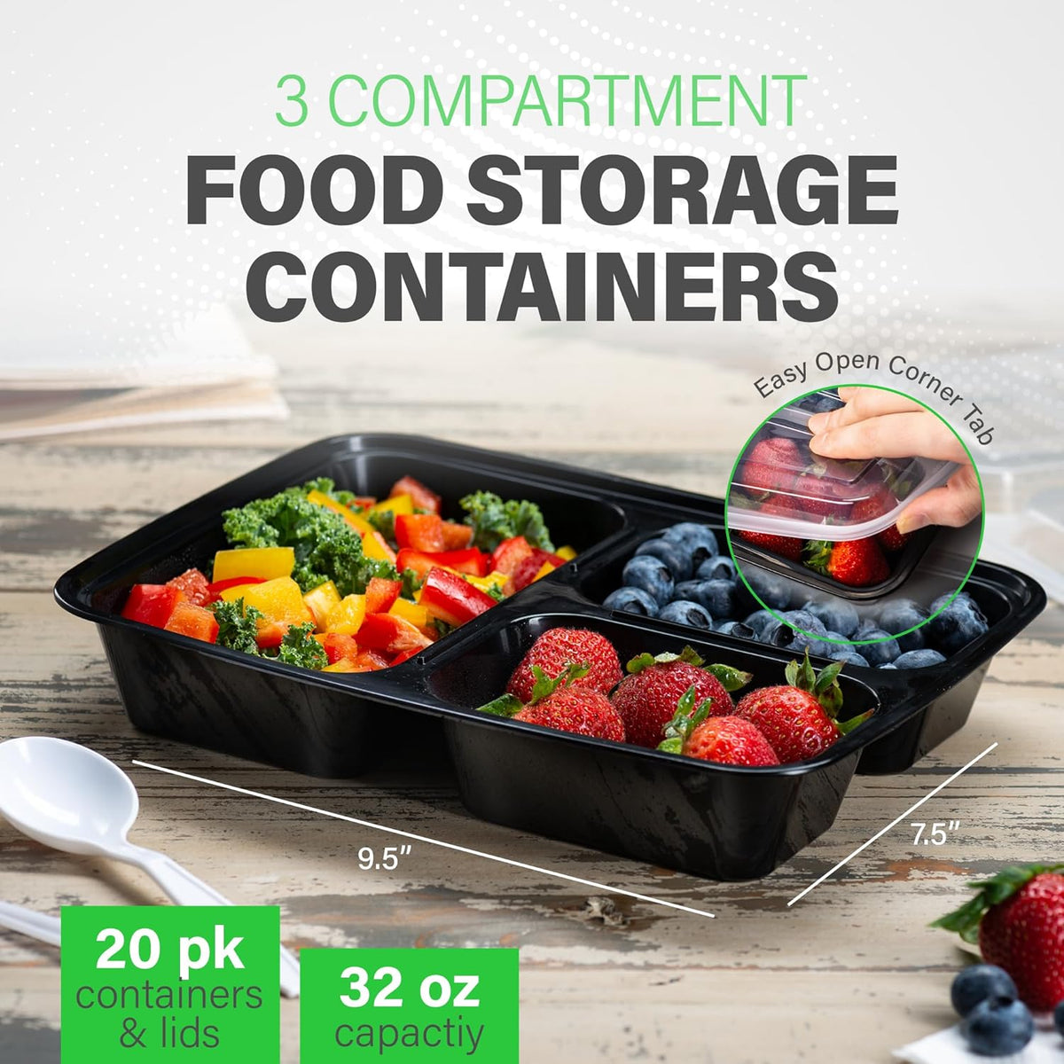 PrepMaster - 3-Compartment Bento Meal Prep Containers 900ml (20-Pack)