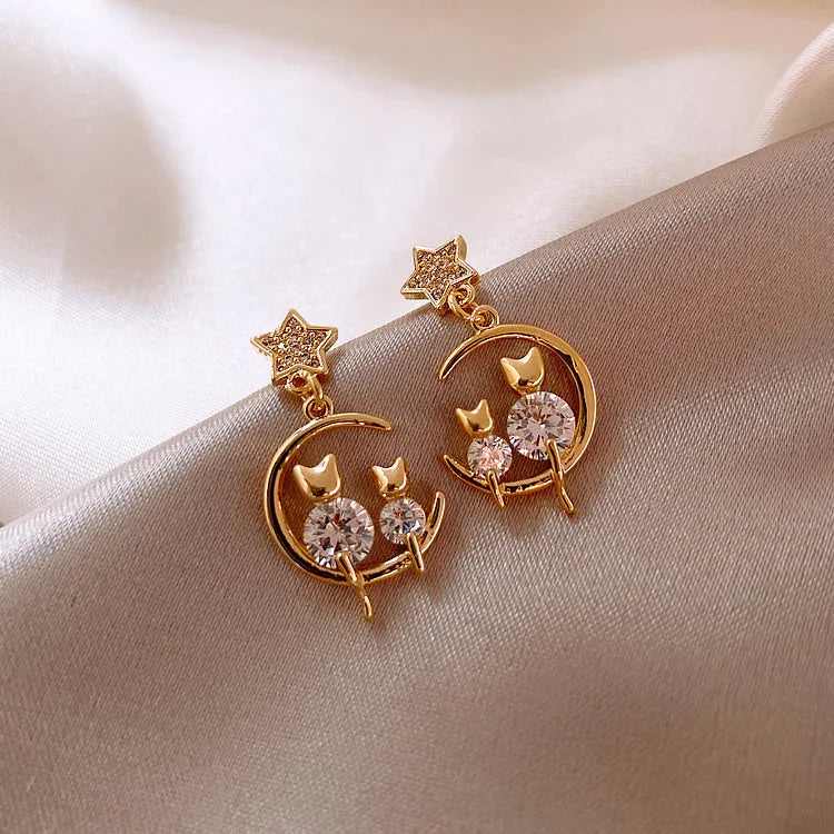 Feline Glamour - Gold Cat Earrings with Zirconia for Women