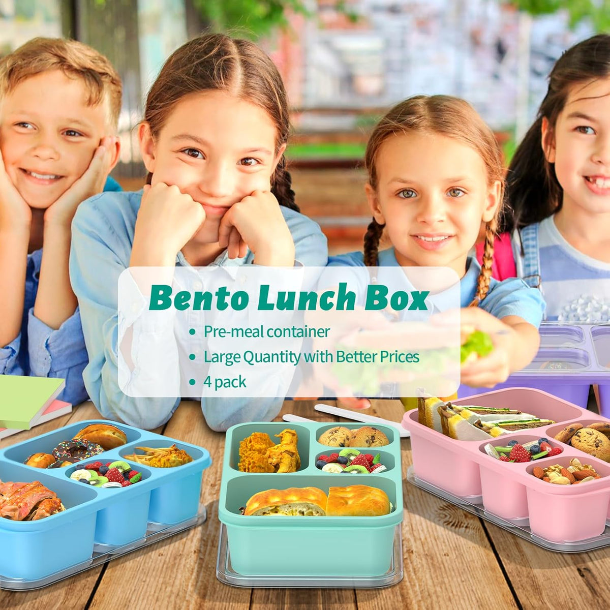 BentoBox Stylish Meal Container Set - 4-Piece Leakproof Bento Boxes with 5 Compartments