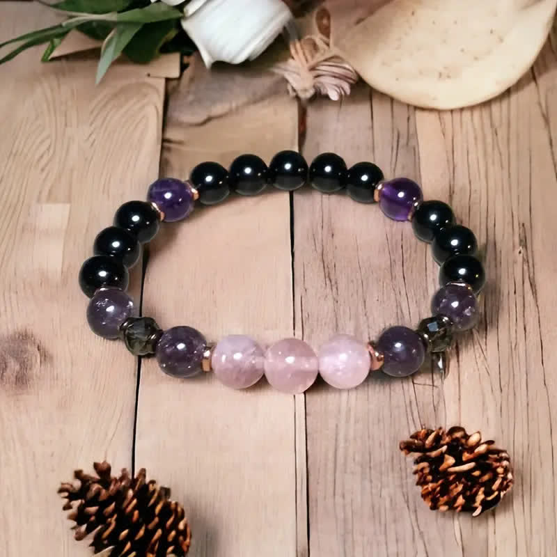 Aurora - 8mm Rose Quartz, Obsidian & Amethyst Beaded Bracelet