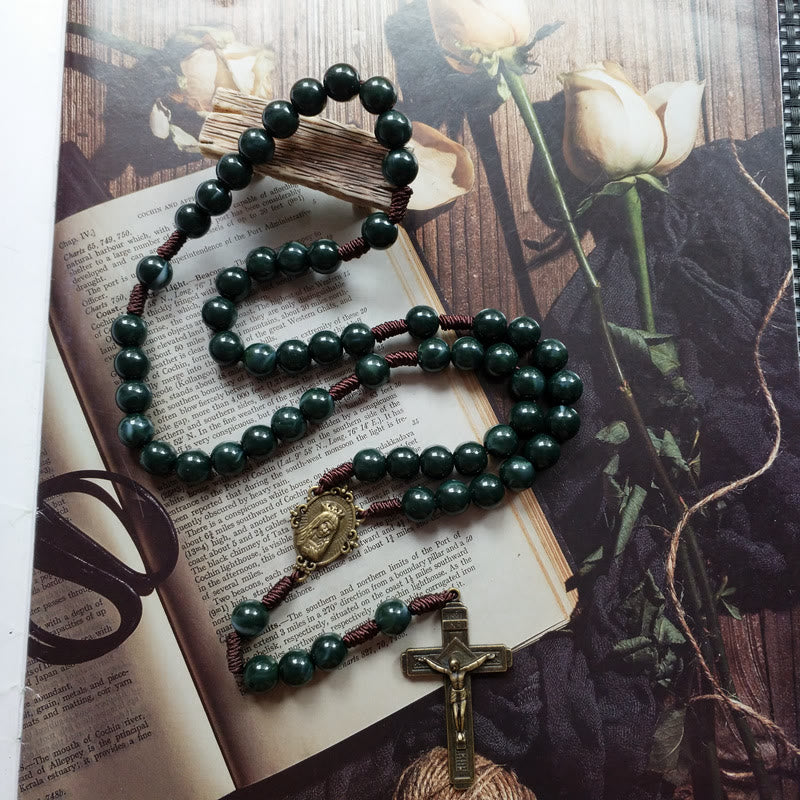 Celeste - Moss Agate Cross Rosary Necklace for Women