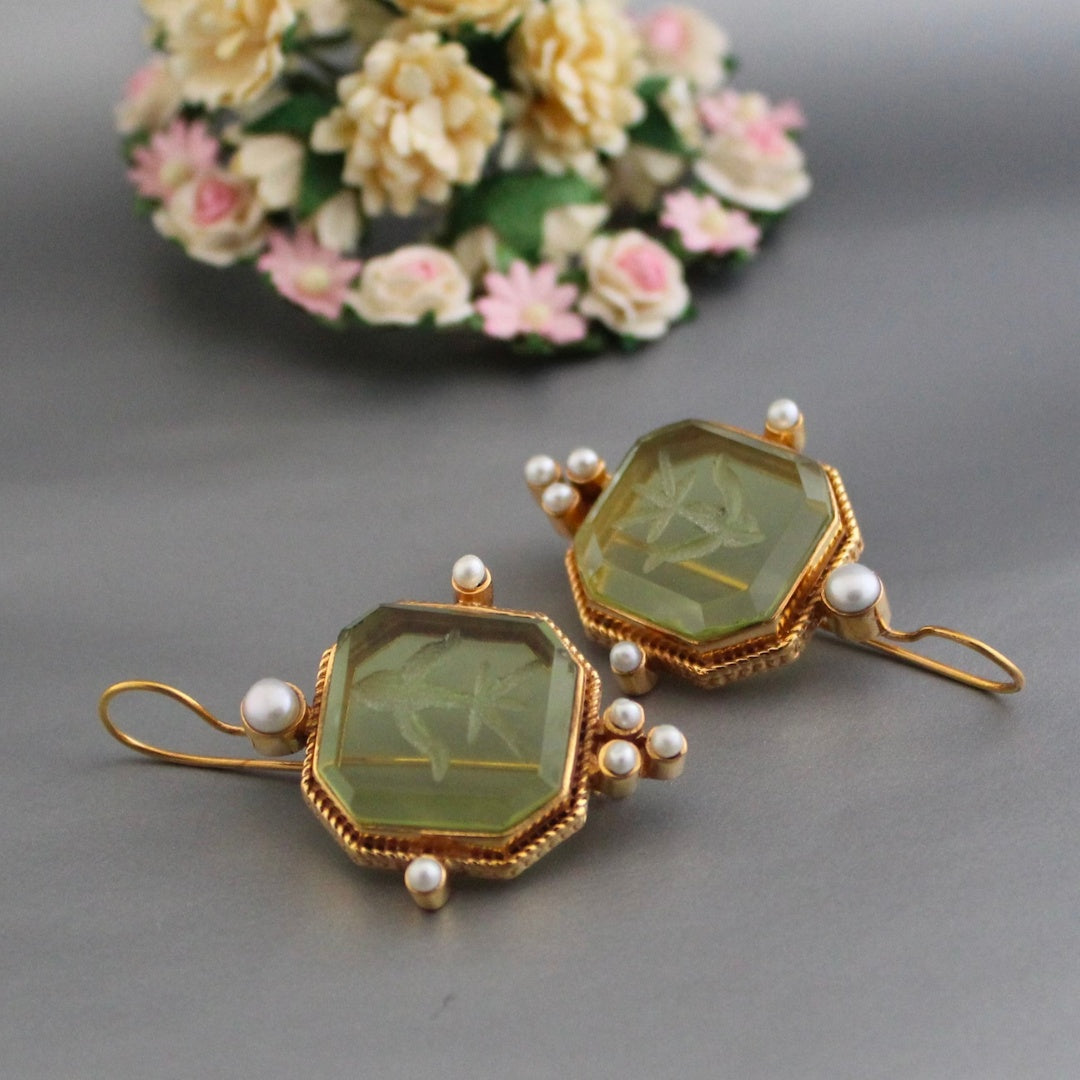 Valeria Vintage Green Pearl Earrings - Elegant Handmade Drops