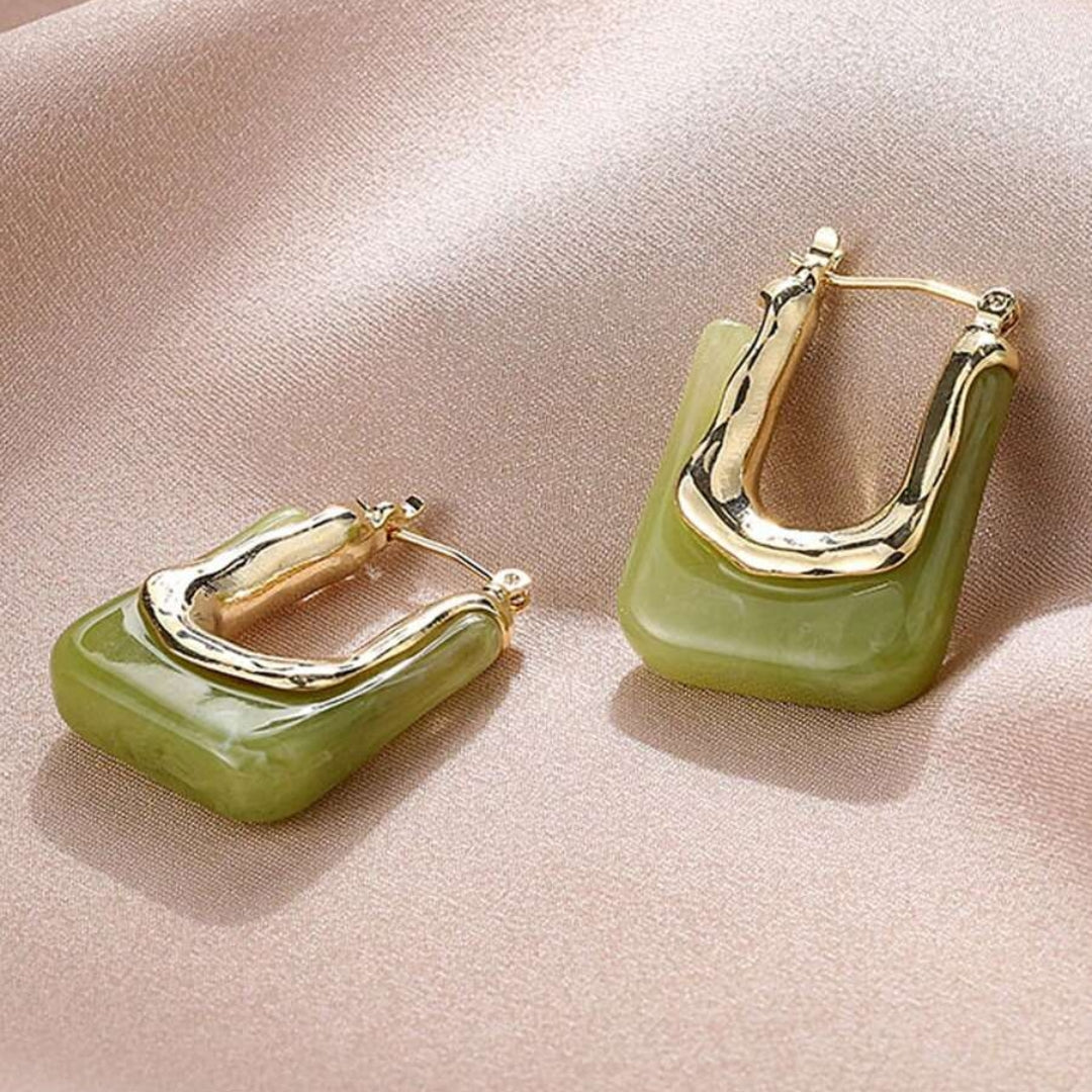 Celia - Gold Retro Earrings with Green Enamel for Women