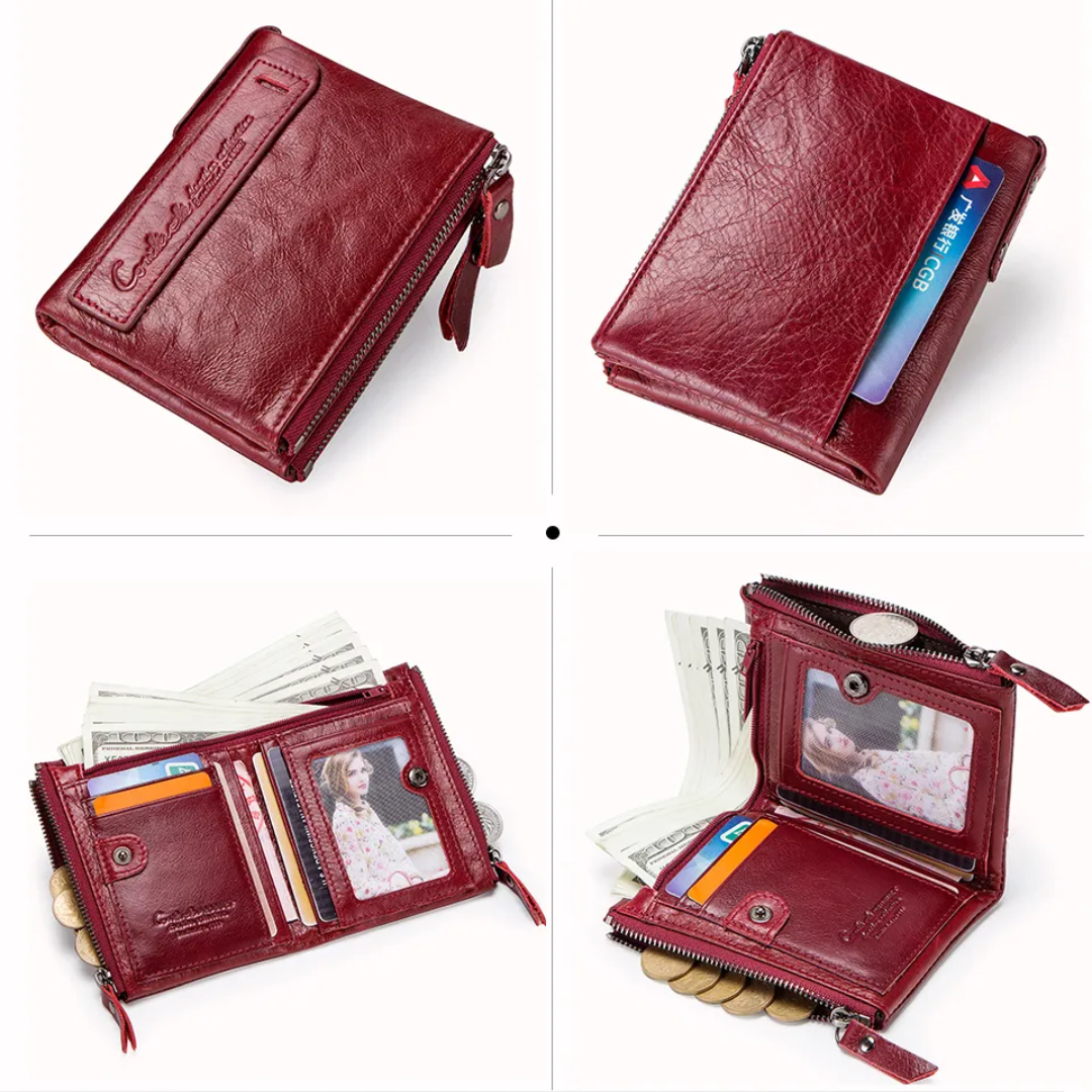 CompactWallet - Double Zip Leather Wallet with Card Slots