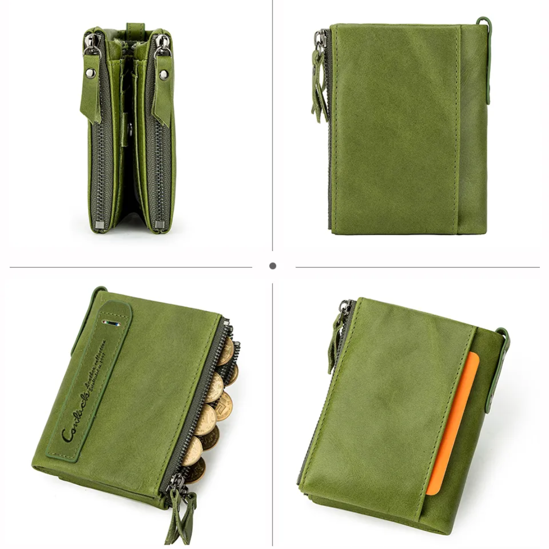CompactWallet - Double Zip Leather Wallet with Card Slots