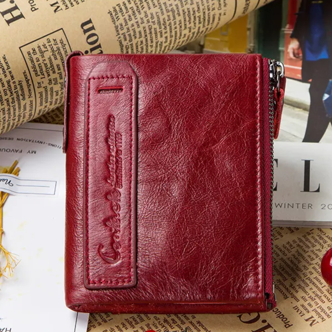 CompactWallet - Double Zip Leather Wallet with Card Slots