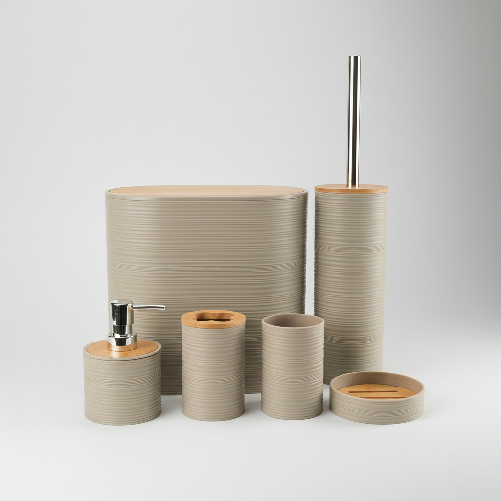 Elegant Home | Bathroom Accessory Set with Bamboo Accents | Stylish Organization for a Tranquil Space 0