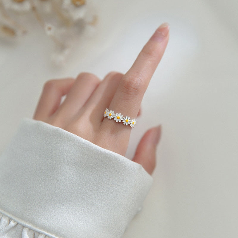 Daisy Flower Ring - Adjustable 925 Silver Statement Ring