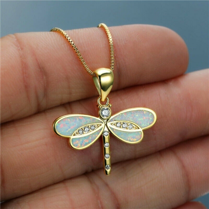Isolde Dragonfly Necklace - Golden Opal Pendant for a Magical Look