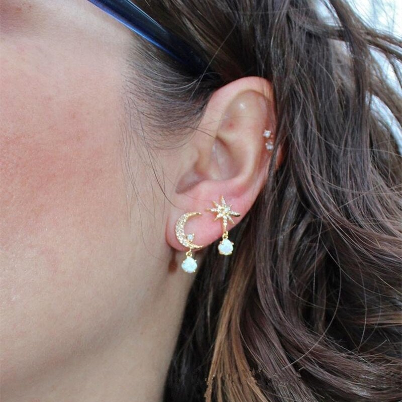 Aurora - Gold Moon & Star Opal Earrings for Women