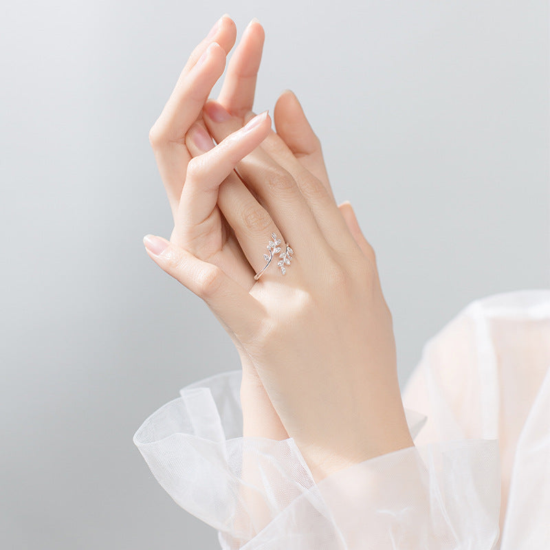 Amalthea Adjustable Zirconia Ring - Sparkling Leaf Design