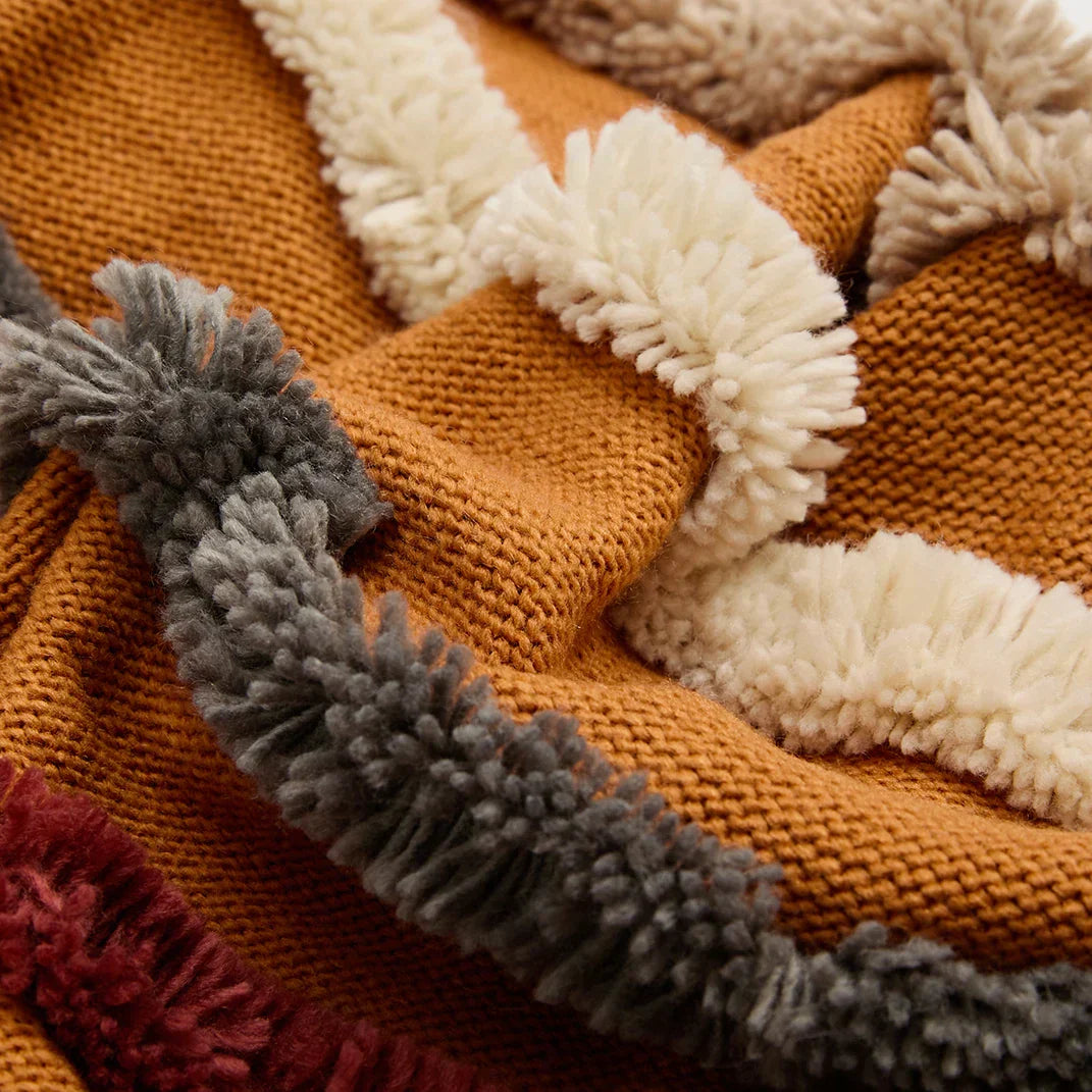 Velour Cushion Cover - Woven Stripes & Fringe