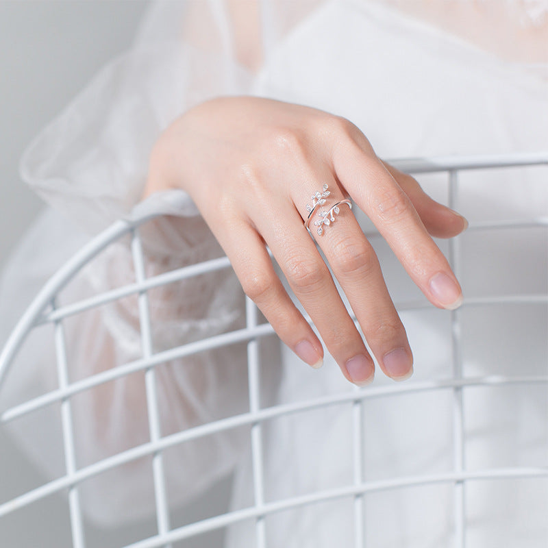 Amalthea Adjustable Zirconia Ring - Sparkling Leaf Design