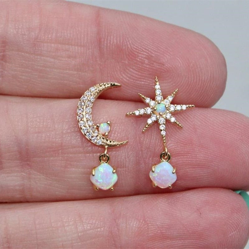 Aurora - Gold Moon & Star Opal Earrings for Women