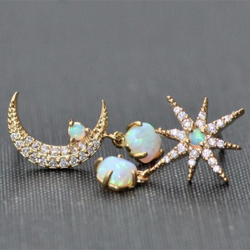 Aurora - Gold Moon & Star Opal Earrings for Women