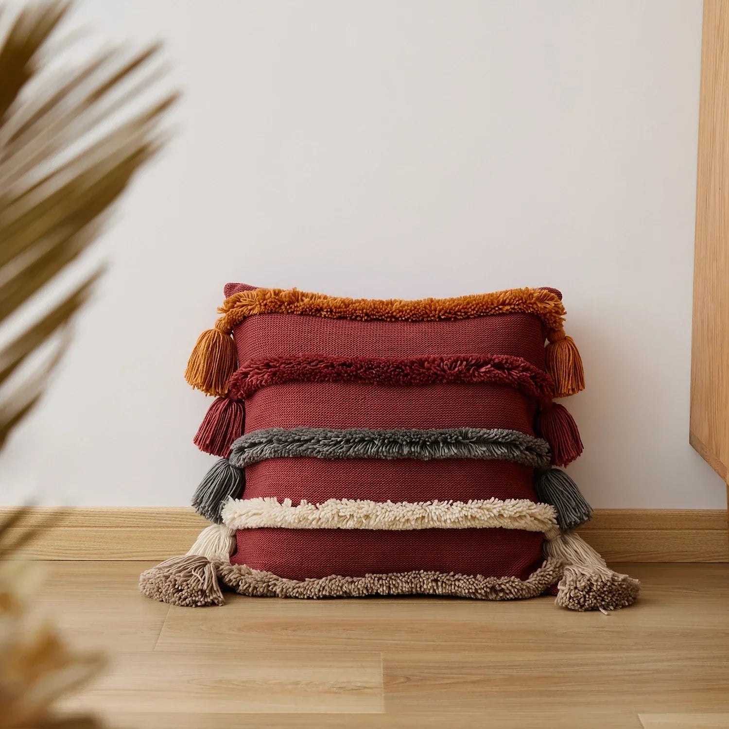 Velour Cushion Cover - Woven Stripes & Fringe