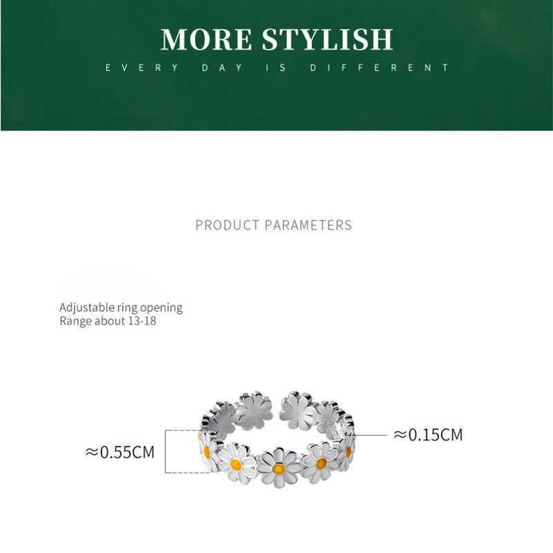 Daisy Flower Ring - Adjustable 925 Silver Statement Ring