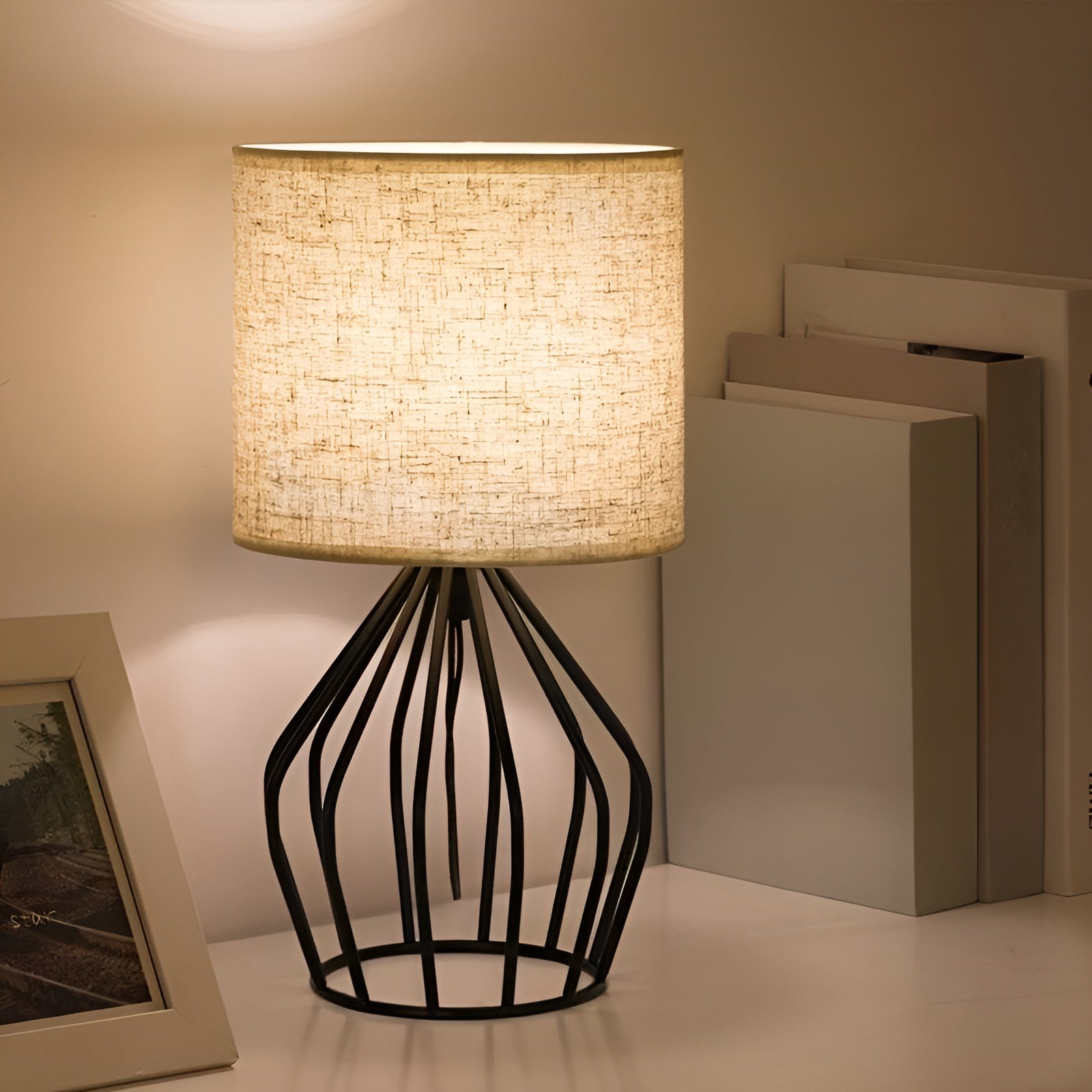 Linen Shade Table Lamp - Elegant Metal Base Light