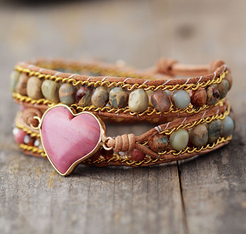 Rhodochrosite - Heart Wrap Bracelet