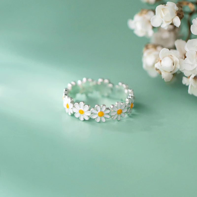 Daisy Flower Ring - Adjustable 925 Silver Statement Ring