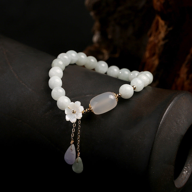 Jade and Agate Lucky Bracelet - Adjustable Silver Bracelet with Flower Charm