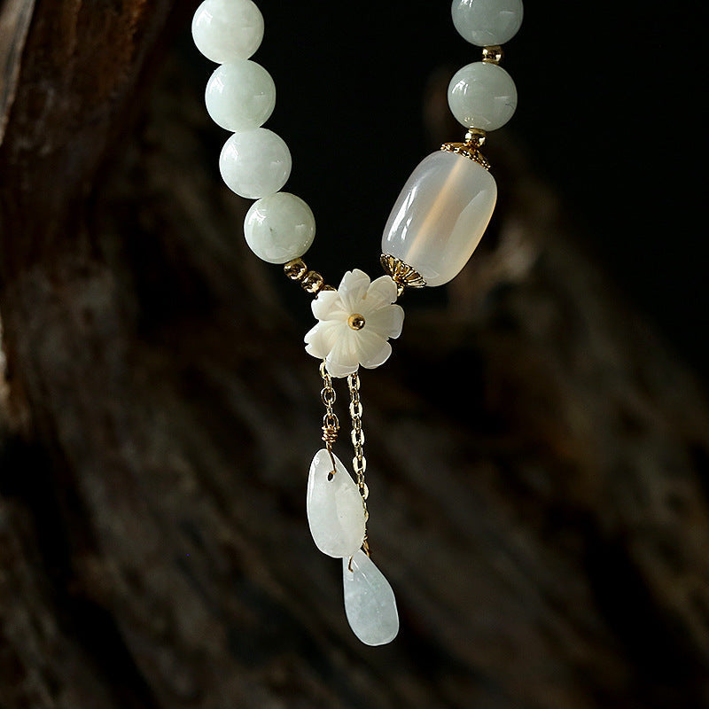 Jade and Agate Lucky Bracelet - Adjustable Silver Bracelet with Flower Charm