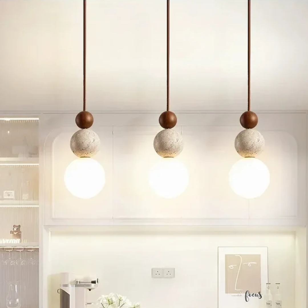 NaturaLuxe | Modern Pendant Light with Natural Travertine & Mahogany | Elegant Kitchen Pendant Lighting for Warm Ambiance 1